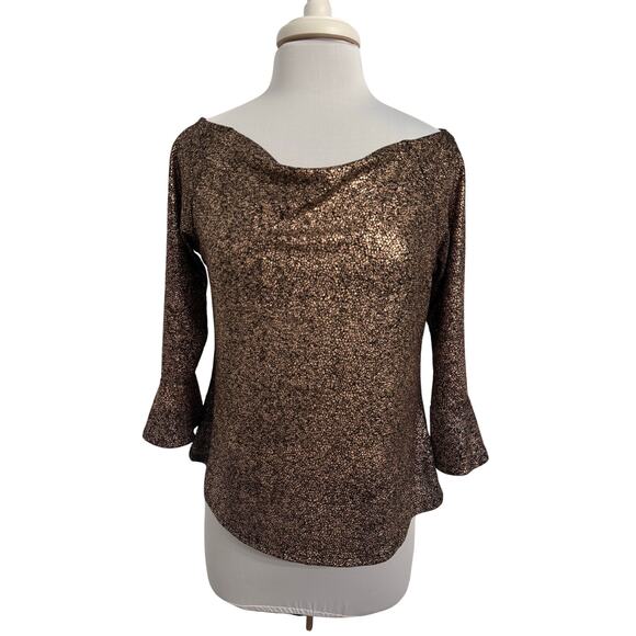 M&S Collection Women’s Copper Glitter Glam Bell Sleeve Boat Neck Drape Neck Lg - Picture 1 of 12